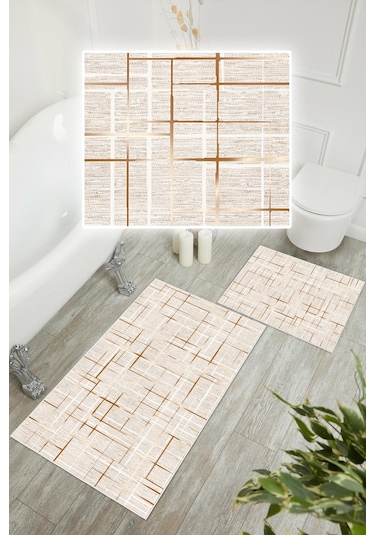 Dijital Baskı Çizgi Desen Kaymaz Taban 2li Set Banyo Paspası Klozet Takımı 50x60cm-60x100cm Krem