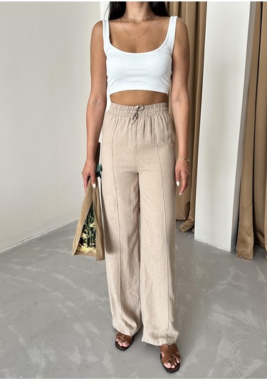 Vizon %100 Keten Palazzo Pantolon Vizon