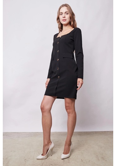 Kadın Likralı Krep Kumaş Kare Yaka Uzun Kol Önü Düğmeli Ofis Ceket Elbise-siyah Siyah