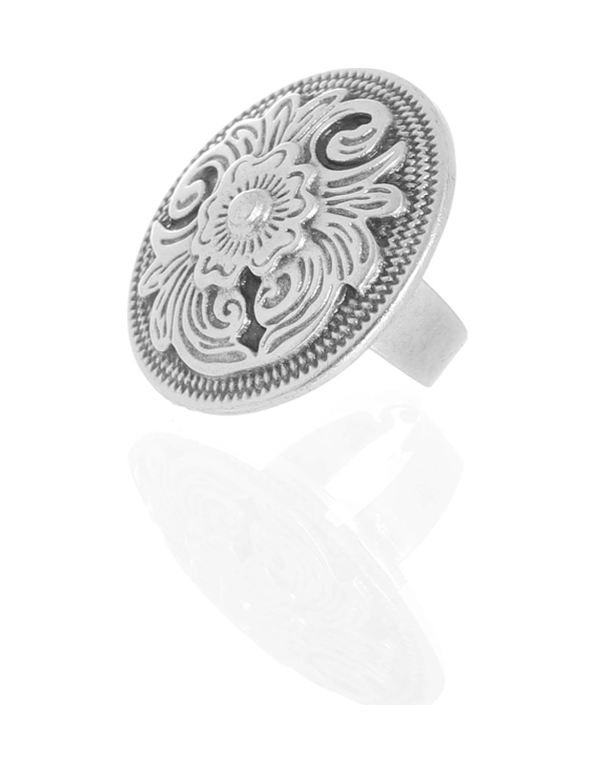 Kadın Antik Gümüş Kaplama Çiçek Motifli Ayarlanabilir Yüzük Gümüş