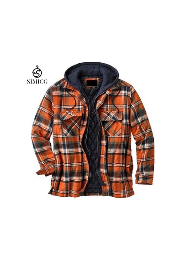 Kalın Pamuklu Ekose Uzun Kollu Bol Kapüşonlu Erkek Ceketi Turuncu