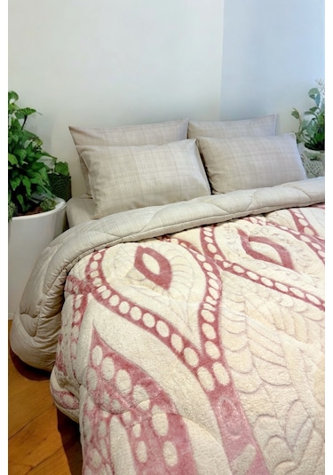 Alla Turca Desenli Jakarlı Wellsoft Uyku Seti-özel Çanta Hediyeli-düz Çarşaflı 2 Yastık Kılıflı, Pembe/krem Krem - Pembe
