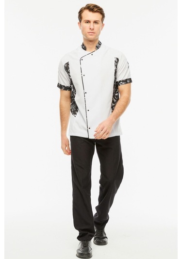 Uniprom Kısa Kollu Aşçı Ceketi Önlük Nakışlı Cepli Şef, Garson Beyaz-siyah