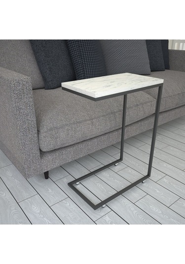 Callen Beyaz Mermer Yan Sehpa & Tekerlekli Servis Sehpası Metal