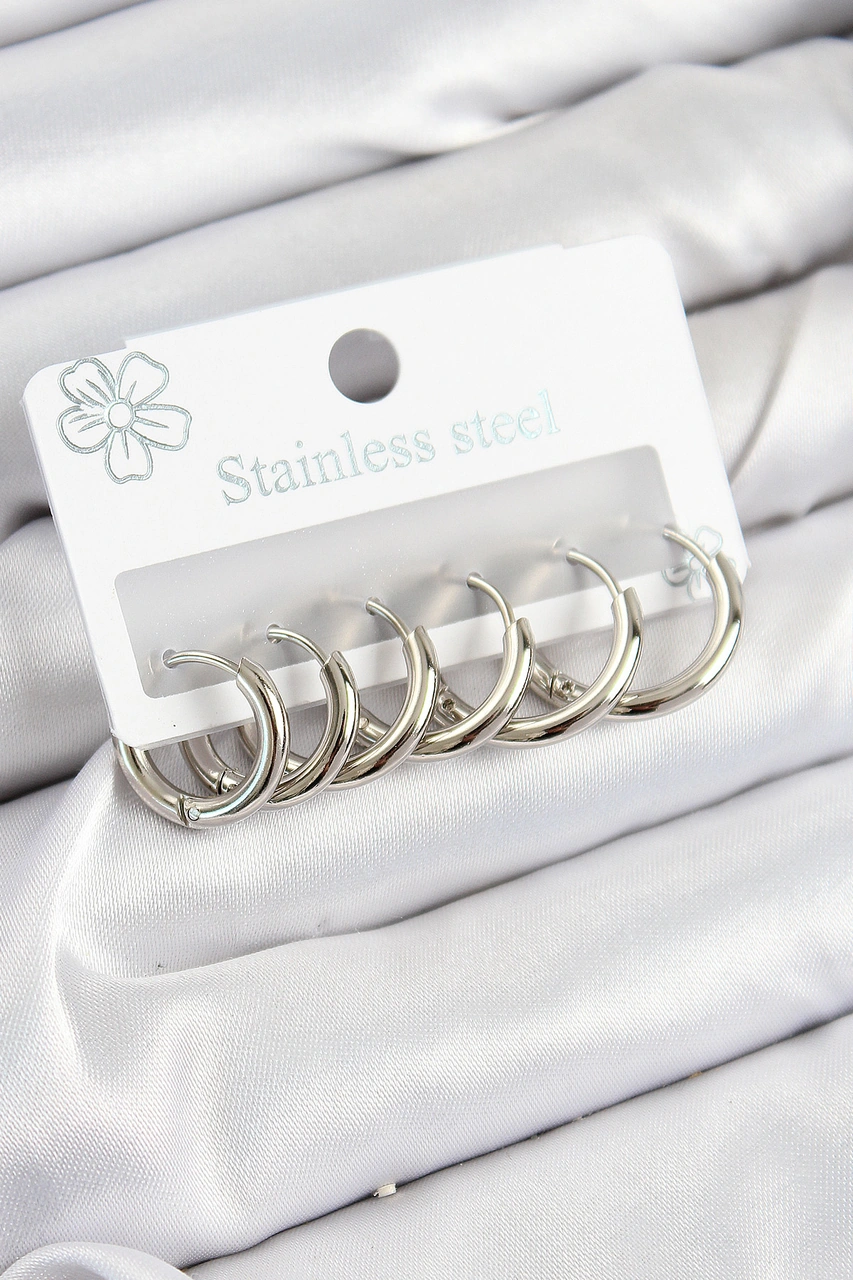 316l Çelik Halka Model Gümüş Renk 3'lü Set Kadın Küpe Renkli