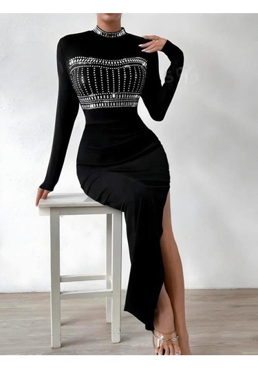 Kadın Yarım Balıkçı Yaka Taş Işemeli Bacak Dekolteli Maxi Boy Elbise Siyah