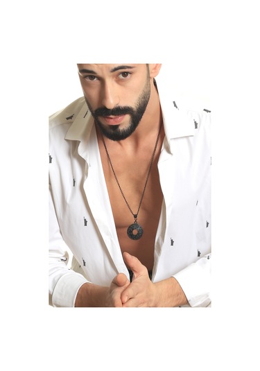 Erkek Siyah Oksit Kaplama Spiritüel Simge Uçlu Kolye Siyah