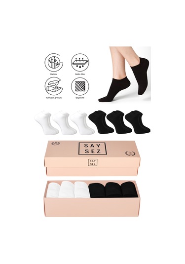 Bambu Kadın Patik Siyah-beyaz Çorap Dikişsiz Premium Kutulu 6'lı Siyah - Beyaz