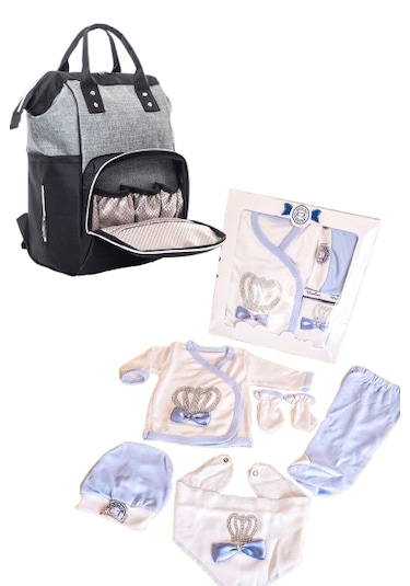 Bebek Bakım Çantası Ve Taşlı 5 Parça Hastane Çıkışı İkili Set Mavi