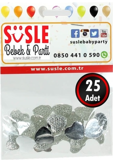 Polyester Kalp Fiyonk, 1,3 Cm - 25 Adet - Gümüş 1+