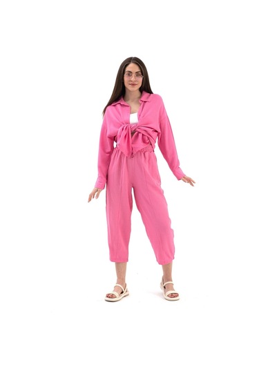 Krinkıl Kumaş Keten İkili Takım - Pembe-pembe Pembe