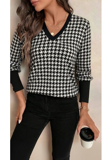 Tua Moda Kadın Uzun Kollu V Yakalı Desenli Süprem Bluz Gri