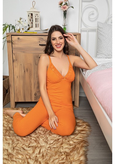 Kadın Turuncu Renkli Dantel Detaylı Şortlu Ve Taytlı Pijama Takımı 3'lü Set 75002 Turuncu