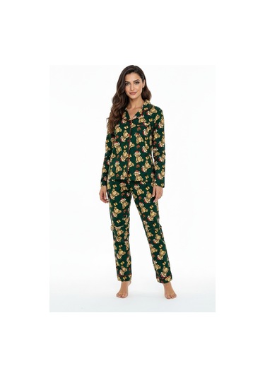 Luxury Soft Yeşil Yılbaşı Ayıcık Desenli Uzun Kollu Kadın Pijama Takımı 3065 Haki