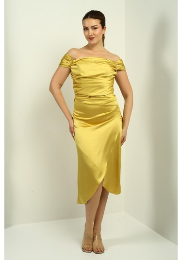 Kadın Madonna Yaka Drapeli Asimetrik Saten Kısa Elbise Sarı