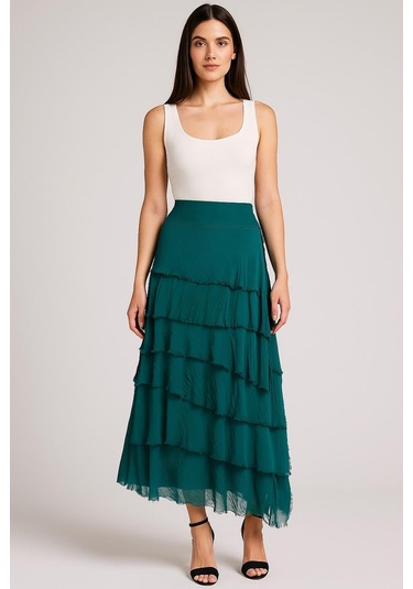 İtalyan 2 Beden Ince Gösteren Kat Kat Ipek Etek & Straplez Elbise Zümrüt Yeşili