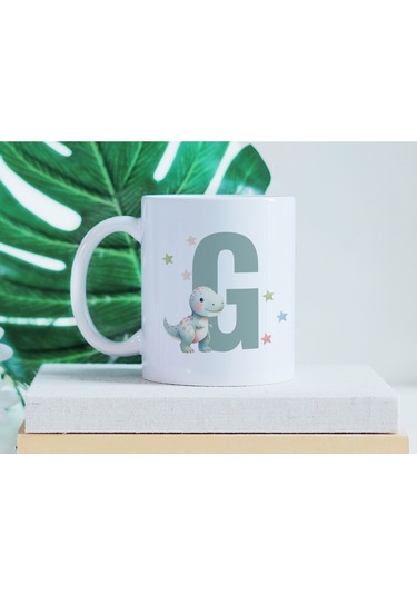 G Harfi Sevimli Dinozor Kupa Bardak - Açık Yeşil Yıldız Detaylı Dino Tasarım - Hediye Beyaz