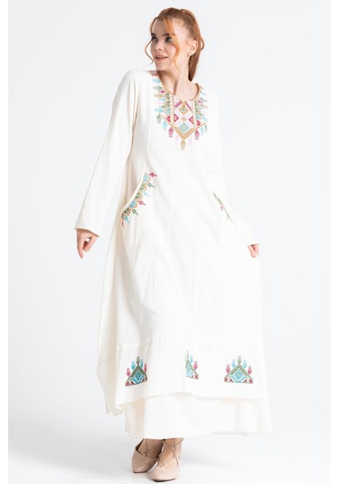 Uzun Kol Şile Bezi Nakışlı Antik Uzun Elbise Krem Krm-krem