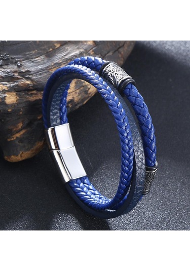 Erkek Kadın Çok Katmanlı Moda Örgülü Deri Bileklikler Paslanmaz Çelik Tokalı Kurukafa Bilezik Hediyeler Mavi