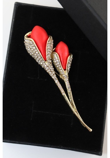 Lale Tomurcuğu Broş. Taşlı Tasarım Lale Broş. Yaka İğnesi Lale Broş. Kadın Broş. Broş. Lale Broş. Altın - Kırmızı