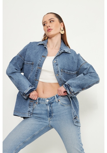 Oversize Kadın Jean Ceket Effect Orta Mavi