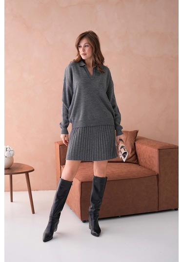 Kadın Polo Yaka Düşük Kol Kazak Kısa Etek İkili Triko Takım Antrasit