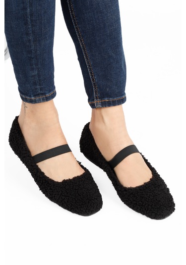 Siyah Peluş Tüylü Bant Detaylı Panduf, Kadın Ev Ayakkabısı Babet Siyah