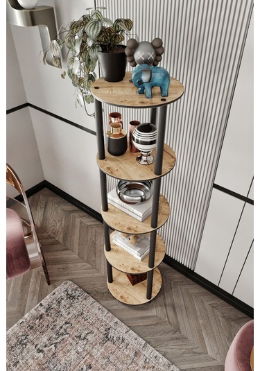 Dekoratif Masivo Kitaplık 5 Katlı 34 Çap Yuvarlak Çok Amaçlı Raf Meşe