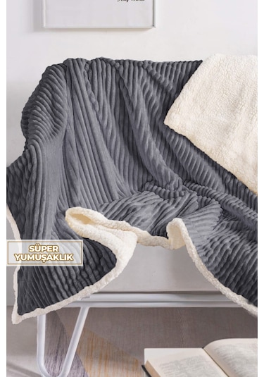 Sherpa Battaniye Çift Kişilik Çizgili Yumuşak Peluş Wellsoft Yatak Örtüsü Antrasit