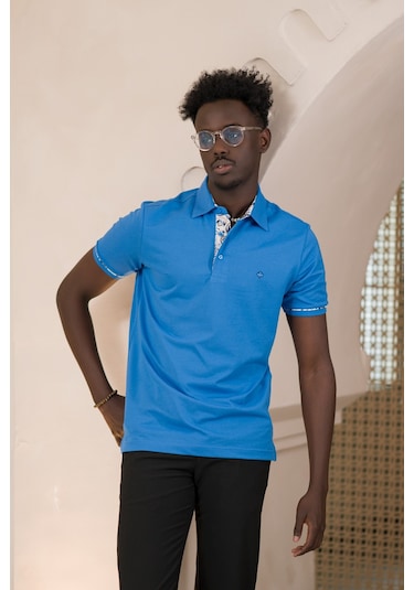 Paul Martin Regular Fit Yaka Garnili Pamuklu Polo Yaka T-shirt Sax