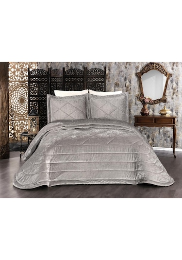 Elina Kadife Çift Kişilik Yatak Örtüsü Gri (552386007) Gri