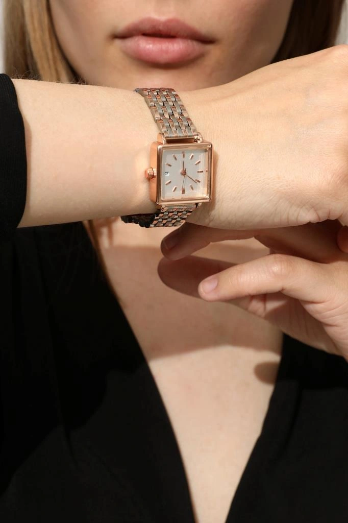Minimal Kare Rose Kasa Rose Gümüş Kordon Kadın Kol Saati Rose Gold