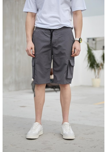 Antrasit Renk Kargo Cepli Paraşüt Kumaş Erkek Şort-1559 Antrasit