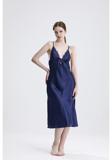 Laperissa Kadın Saten Dantelli Lacivert Gecelik Lacivert