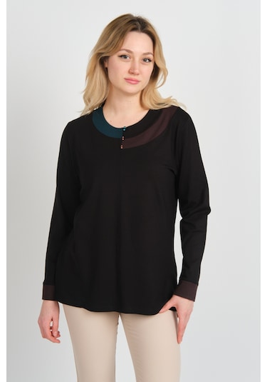 Detay Triko Kadın Boncuk Süslemeli Bisiklet Yaka Yanları Yırtmaçlı Anne Bluz 5723 Siyah Siyah