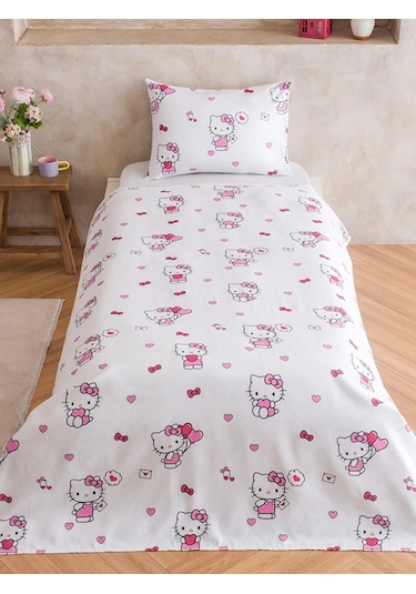 Pembe Hello Kitty Baskılı Tek Kişilik Kız Çocuk Pike Seti