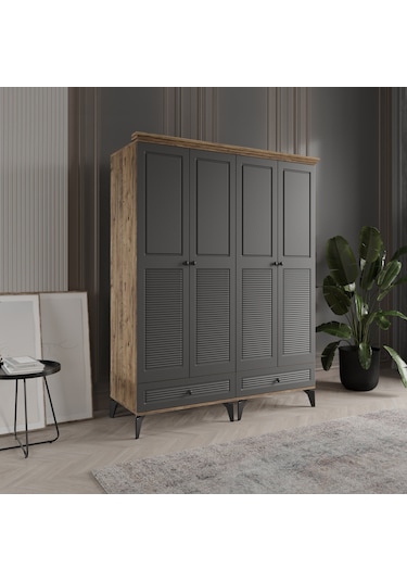 Beenal Nisa 4 Kapaklı Gardırop Dolap 160cm Atlantik Çam-antrasit