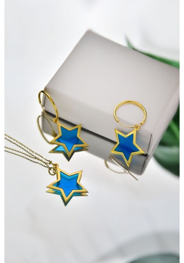 Papatya Silver 925 Ayar Gümüş Gold Kaplama Parlayan Rüya Serisi Tasarım Ebruli Cam Boyalı Yıldız Kolye ve Küpe Set