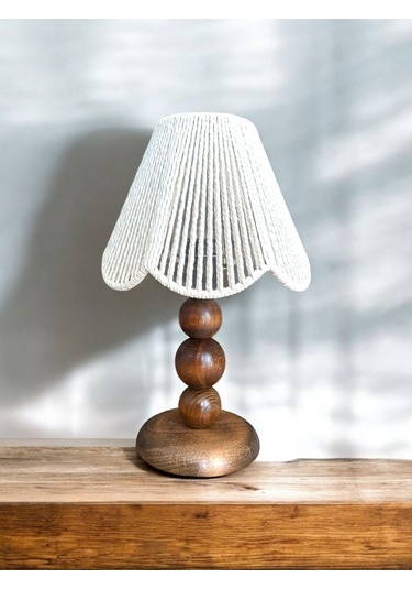 Makrome El Yapımı Bohem Ahşap Ayaklı Rustik Abajur Yatak Odası Salon Kafe Beyaz