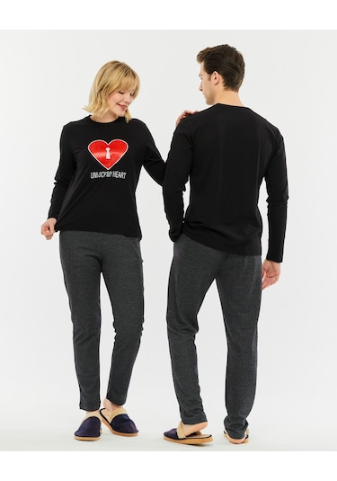 Bella Dossi Çiftlere Özel Kombin Kalbimin Anahtarı Pijama Takımı Siyah