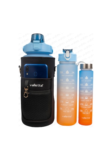 Valletta Eldorado 3lü Set Çantalı Motivasyonel Su Matarası Mavi