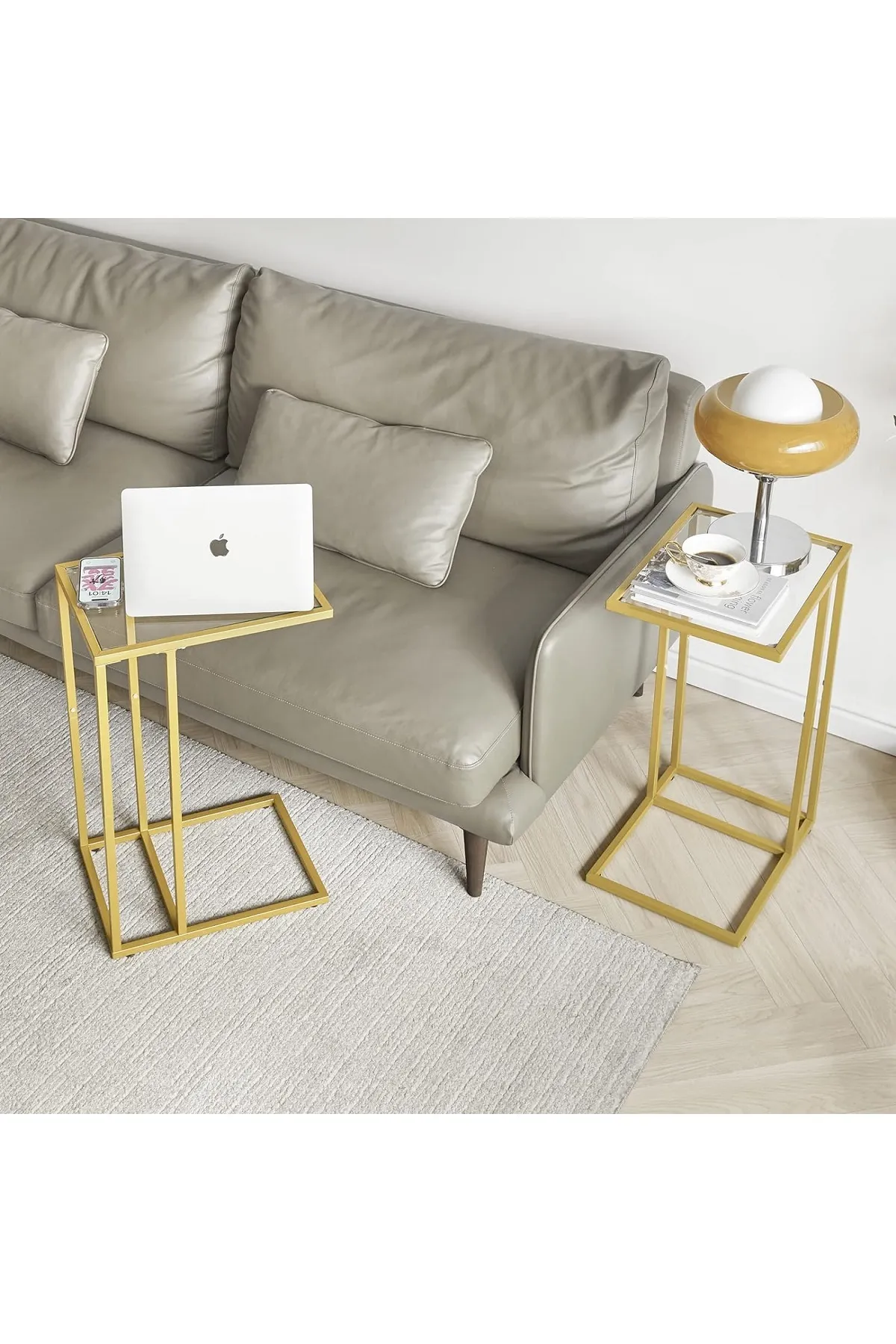 Şeffaf Temperli Cam C Sehpa Koltuk Sehpası Gold-şeffaf