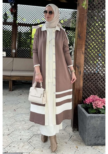 İmge Çizgili Triko Hırka Sütlü Kahve Çok Renkli