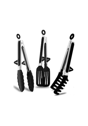 Paslanmaz Çelik Mutfak Pense, 23cm Bbq Klipsleri Silikon Uçlu, Makarna Büfesi Salatası İçin, Siyah Siyah