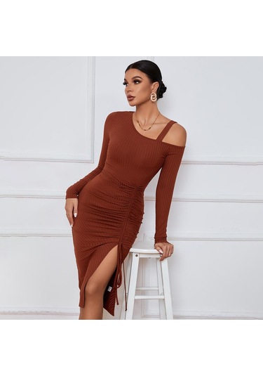 Hnxc Kadın Moda Yaz Bahar Düz Renk Baskı Uzun Kollu Yüksek Bel Günlük Elbiseler Bordo