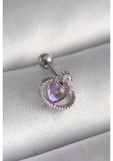 316l Çelik Gümüş Renk Mor Mineli Kalp Zirkon Taş Detay Tragus Pi Çok Renkli