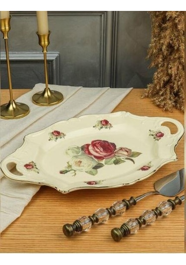 Roykıng Rose 36 Cm Oval Kulplu Sunum Tabağı Altın - Krem