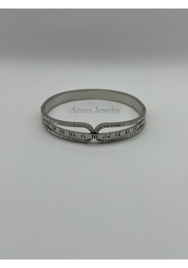 Arnes Jewelry Çelik Silver Roma Rakamlı Kelepçe Bileklik Ar10 Silver