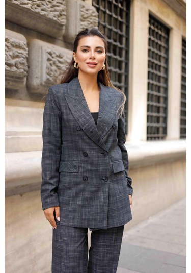 6 Düğmeli Kruvaze Ekose Takım Lacivert Lacivert