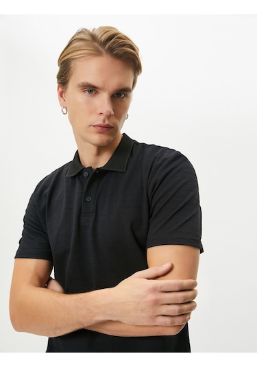 Koton Polo Yaka Tişört Düğme Detaylı Kısa Kollu Siyah 4sam10094mk Siyah